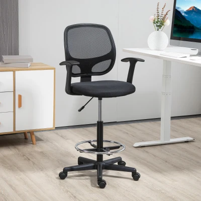 Vinsetto Bureaustoel ergonomisch met voetensteun, 5 wielen, in hoogte verstelbaar, staal, mesh-stof, zwart