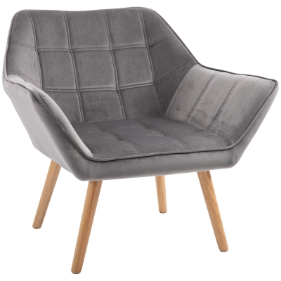 Fotoliu HOMCOM in stil nordic din lemn si efect de catifea gri pentru sufragerie sau birou, 64x62x72,5cm