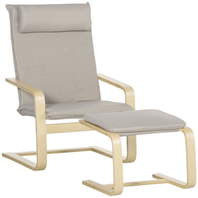HOMCOM Fotoliu Relax cu suport pentru picioare, fotoliu din lemn si tesatura cu efect de in cu perna pentru tetiera, 67x69x100cm, gri