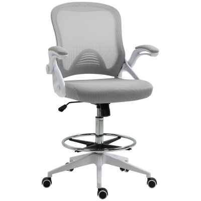 HOMCOM Fauteuil de bureau chaise de bureau assise haute réglable dim. 64L x 60l x 106-126H cm tabouret de bureau pivotant 360° maille respirante gris et blanc