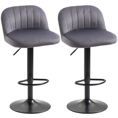 HOMCOM Set de 2 scaune de bar cu efect de catifea cu spatar si suport pentru picioare, 43x45x81-101cm, gri