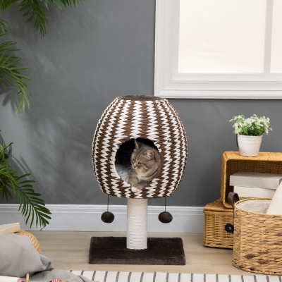 PawHut Árvore Arranhador para Gatos Arranhador para Gatos com caverna Almofada Bolas Suspensas e Poste 40x40x67cm Café e Branco