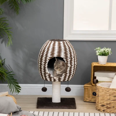 PawHut Árvore Arranhador para Gatos Arranhador para Gatos com caverna Almofada Bolas Suspensas e Poste 40x40x67cm Café e Branco