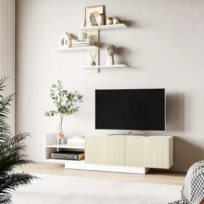 HOMCOM Móvel de TV para Sala de Estar Móvel para Televisores 150x31,5x40cm e Prateleira de Parede 95,5x16x60cm Madeira e Branco