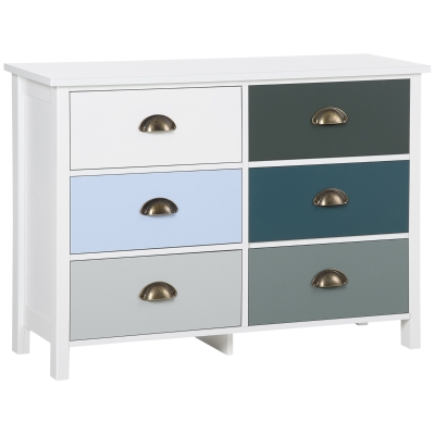 HOMCOM Commode 6 tiroirs meuble de rangament console d'entrée avec poignée coquille en MDF blanc et multicolores - dim. 83,2L x 30l x 61H cm