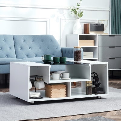 HOMCOM Table basse en verre trempé table de salon 3 niches pieds antidérapants 100 x 60 x 42 cm blanc