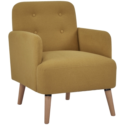 HOMCOM Fauteuil style classique dossier 4 boutons piètement effilé incliné bouleau revêtement aspect lin moutarde foncé