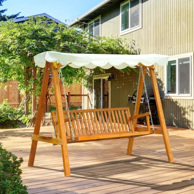 Outsunny 3 Seater Wooden Wood Garden Swing Chair Seat Hammock Bench Furniture Lounger Bed Wooden New (Cream)