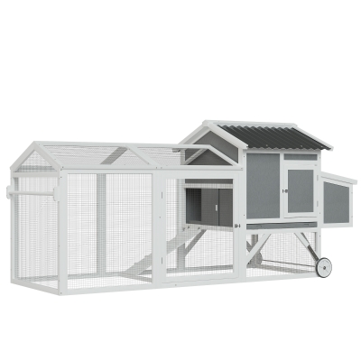 PawHut Hühnerstall Hühnerhaus mit Nistkasten Hühnervoliere mit Rädern und Griff Gehege Geflügelstall winterfest Tannenholz PVC Grau+Weiß 247 x 90 x 114 cm