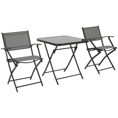 Outsunny Set Masa cu 2 Scaune de Gradina Pliabile, din Sticla Securizata si Metal, Gri