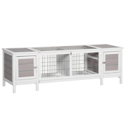 PawHut Kleintierstall Kleintierkäfig mit Bodenwanne Kleintierhaus mit Laufbox Stall Tannenholz Outdoor Weiß+Grau 161 x 50,5 x 53,3 cm