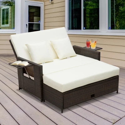 Outsunny Rattan Sun Lounger 2-Seater Day Bed Brown