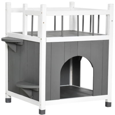 PawHut® Domek Dla Kota z Balkonem Budka Chatka dla Kota 2 Drzwi 2 Platformy Lite Drewno
