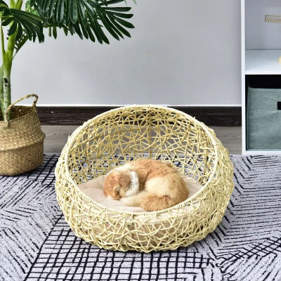 PawHut kattenhuis met kussen, kattenbed, PVC-rotan, beige