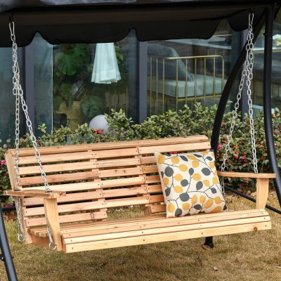 Outsunny huśtawka ogrodowa, ławka bujana wisząca ze składanym stolikiem dla 2-3 osób, drewno jodłowe, patio, taras, podwórko, wygodna, 150 x 75 x 53 cm, kolor: naturalny