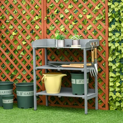 Outsunny planttafel tuintafel bloementafel met metalen werkblad tuinhout grijs 76 x 37 x 89 cm