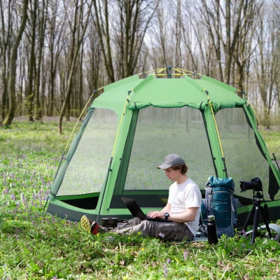 Outsunny Kampeertent 6 Persoons Tent Familietent Koepeltent PU2000mm Gemakkelijk op te zetten voor gezinnen Trekking Festival Staal Glasvezel Groen 320 x 320 x 180 cm