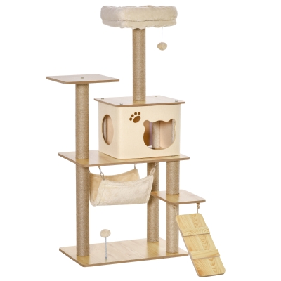 PawHut krabpaal krabpaal voor katten klimboom van hout met kattengrot jute stammen groot platform speelballen 130 cm hoogte stabiel pluche geel 60 x 40 x 130 cm