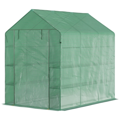Outsunny foliekas inloopkas met 8 planken tomatenkas koude kozijn met deur groen staal PE kunststof 214 x 143 x 195 cm