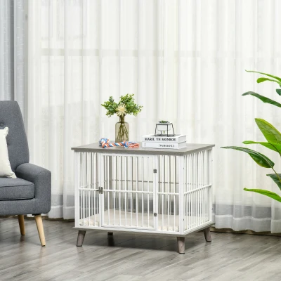 PawHut Houten Hondenkooi met Kussen Tafelblad Verhoogd Design Hondenbench voor Middelgrote Grote Honden Indoor Home Dierenkooi Huisdier Wit+Grijs 86 x 60 x 70 cm