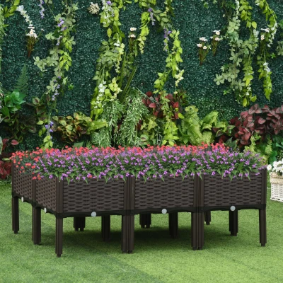 Outsunny verhoogd bed 6-delige plantenbak met drainagegaten rotan look bloembak DIY bruin 40 x 40 x 44 cm