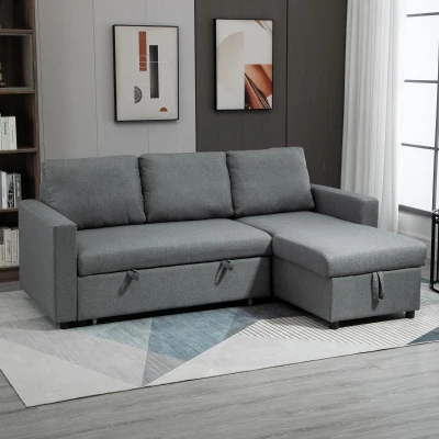HOMCOM hoekbank met slaapfunctie opbergruimte hoekbank met bedstee chaise longue slaapbank stoffen bank L-vorm linnen touch lichtgrijs 211,5 x 146 x 85 cm