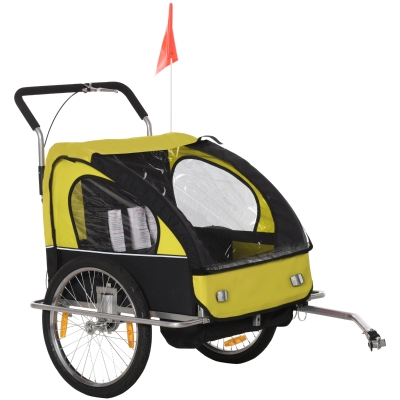 HOMCOM kinderaanhanger fietskar kinderfietskar voor 2 kinderen met vlag regenbescherming ademend geel-zwart staal 142 x 85 x 105 cm