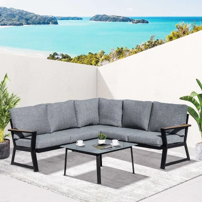 Outsunny 3-delige tuinmeubelset met bijzettafel, balkonmeubelset, bank met kussens, L-vorm, buiten, aluminium grijs