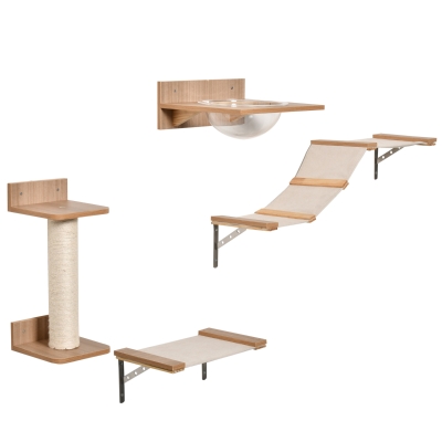 PawHut 4st. Klimmuur voor katten Kattenklimwand met krabpaal Kattentrap Kattenmeubel Hangmat Lichtbruin sisal acryl grenen