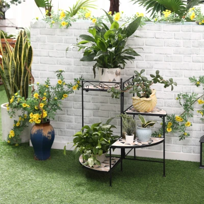 Outsunny Bloemenstandaard 4-dekuge Bloementrap Opvouwbaar Decoratief Binnen Buiten Tuin Balkon Metaal Keramische Tegels Zwart+Beige 64 x 64 x 72 cm