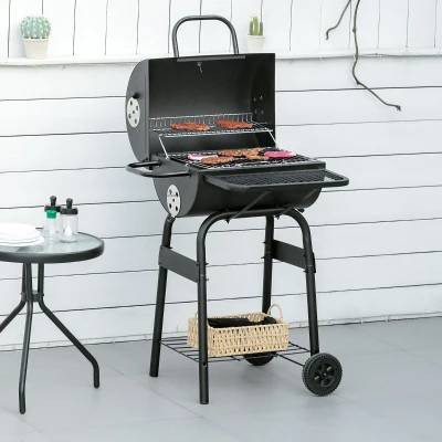 Outsunny Houtskoolgrill BBQ Tuingrill met Deksel en Planken Effectieve Hittebestendige Metalen Roker BBQ Warmhoudplaten Planken Tuinfeest Transportwielen Zwart 68 x 63 x 102 cm