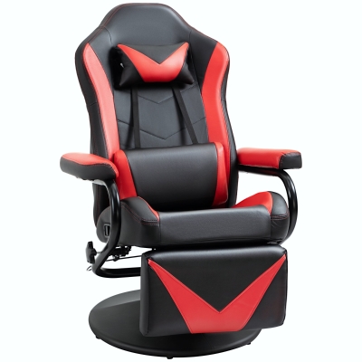 HOMCOM Fauteuil Gaming inclinable pivotant avec Repose-Pied rétractable - Coussins lombaires, tétière Inclus - revêtement synthétique Rouge Noir