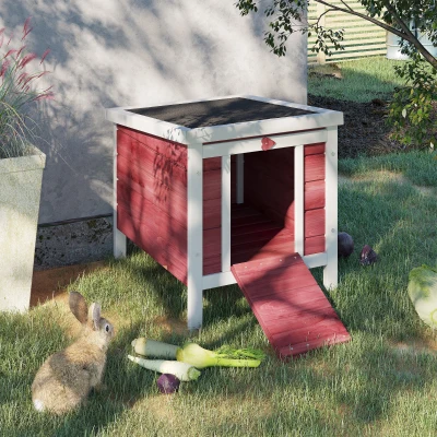 PawHut Coelheira de Madeira Exterior Coelheira para Roedores Animais de Estimação Pequenos com Teto Asfáltico e Rampa Antiderrapante 42x51x43cm Vermelho