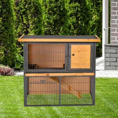 PawHut Kleintierstall erhöhtes Haustier Haus Käfig mit verschließbarer Tür Holz-Metall Hellgelb 89,5 x 45 x 81 cm