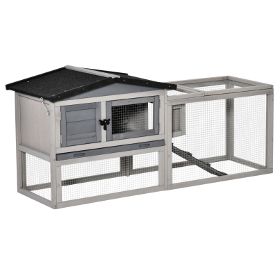 PawHut Kleintierstall Zwergkaninchenstall Meerschweinchenstall Freilaufgehege Winterfest mit Freigehege kleitierkäfig Outdoor Tierstall Tannenholz Hellgrau 150 cm x 52,5 cm x 68 cm