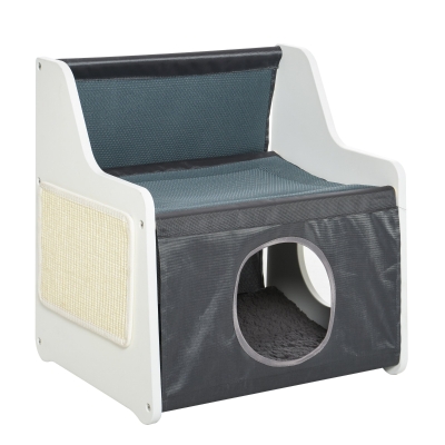 Pawhut Katzenhaus mit Terrasse 2-lagiges warmes Katzenbett Kuschelhöhle zum schlafen für Katzen, Oxford-Stoff, Weiß+Grau, 48x37,5x50 cm