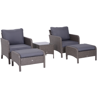 Outsunny 5 Piece Rattan Wicker Outdoor Patio Conversation Set with 2 Cushioned Chairs 2 Cushioned Ottomans and Glass End Desk