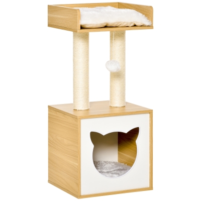 Pawhut Kratzbaum mit Katzenhöhle 2 weichen Kissen Katzenbaum mit Katzenbett Spielzeug Kugel Katzenkratzbaum Sisal Natur 35 x 35 x 81 cm