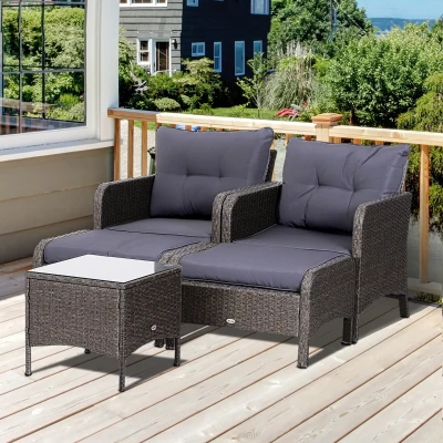 Outsunny 5 Piece Rattan Wicker Outdoor Patio Conversation Set with 2 Cushioned Chairs 2 Cushioned Ottomans and Glass End Desk