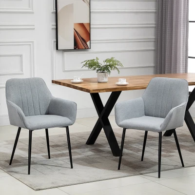 HOMCOM Mid-Century Dining Chairs Upholstered Linen Fabric Accent Chairs with Metal Legs, Set of 2, Light Grey