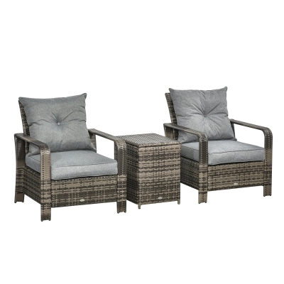 Ensemble de 2 fauteuils de jardin avec coussins et table basse coffre