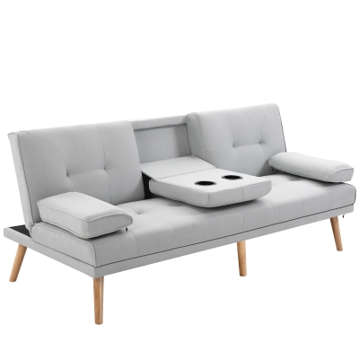 HOMCOM Canapé convertible 3 places design scandinave inclinaison dossier réglable 3 niveaux dossier centrale rabattable 2 porte-verres bois massif lin gris clair