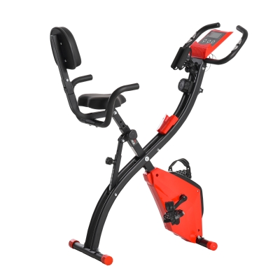 HOMCOM Heimtrainer X-Bike 2-in-1 Fahrradtrainer LCD-Display klappbarer Hometrainer Trimmrad mit 8 stufig einstellbarem Magnetwiderstand und 1 Paar Spannseil Stahl Rot 107x52x110 cm