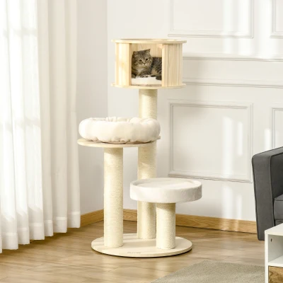 PawHut Kratzbaum Holz 122 cm hoch Katzenturm mit drei Ebenen, Sisalstämme, Plattform, mehrstöckiger Katzenkratzbaum, Kletterbaum für Katzen unter 4,5kg, Natur+Creme