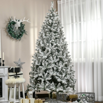 HOMCOM Árvore de Natal Artificial 225 cm com Neve Ignífugo com 1300 Ramos Folhas de PVC Base Dobrável Verde