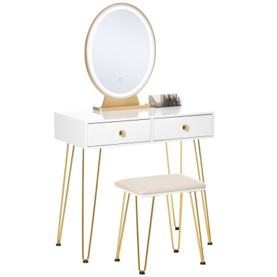 HOMCOM Coiffeuse Table de maquillage moderne - Miroir LED réglable intégré - Tabouret Inclus - pied en métal doré - 2 tiroirs + 1 Organisateur Blanc