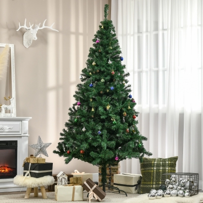 HOMCOM Árvore de Natal Artificial 210cm Ignífugo com 1036 Ramos 53 Decorações Folhas de PVC e Suporte Metálico Verde