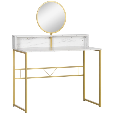 HOMCOM Coiffeuse avec miroir rond en panneau de particules effet marbre et métal doré dim. 105L x 48l x 75H cm