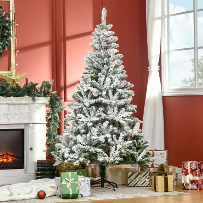 HOMCOM Árvore de Natal Artificial 180cm com Neve Ignífugo com 750 Ramos Folhas de PVC Base Dobrável Verde