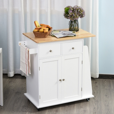 HOMCOM Kitchen Island Storage Cabinet Rolling Trolley with Rubber Wood Top, 3-Tier Spice Rack, Large Cabinet & Drawers
